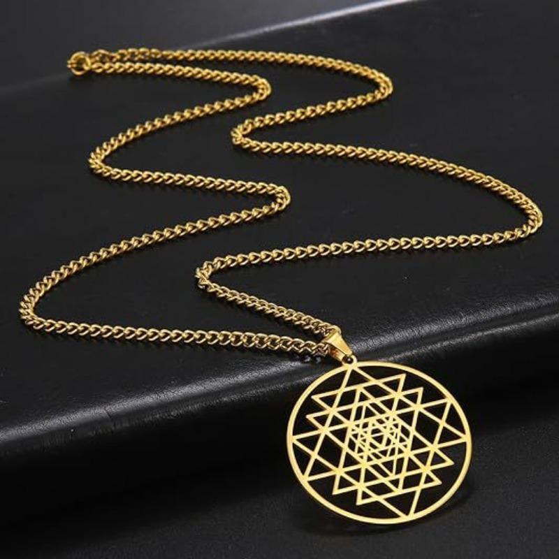 Round Hollow Amulet Titanium Steel Pendant Sacred Geometry Necklace Fashion Accessories 60CM