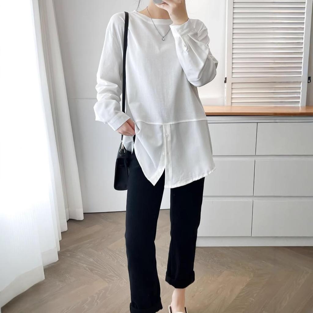 YOMORIO Layered Loose Layered Long Big White T-Shirt, Women's, Fit, Top, Sleeve, Oversized, Silhouette, Cotton,