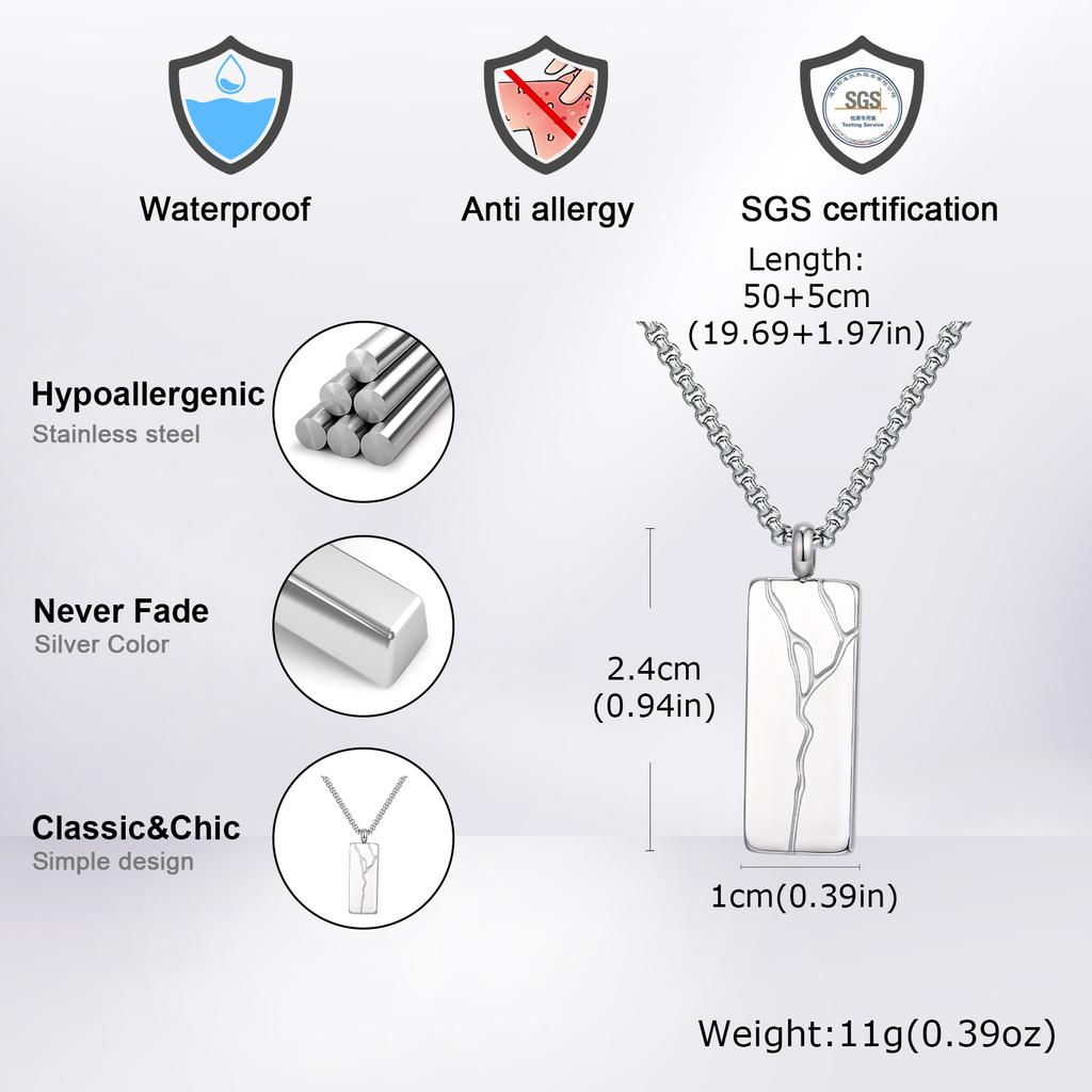 Stainless Steel Punk Cracked Square Pendant Necklace for Men, Minimalist Hip Hop Geometric Necklace Box Chain, Fashion Jewelry