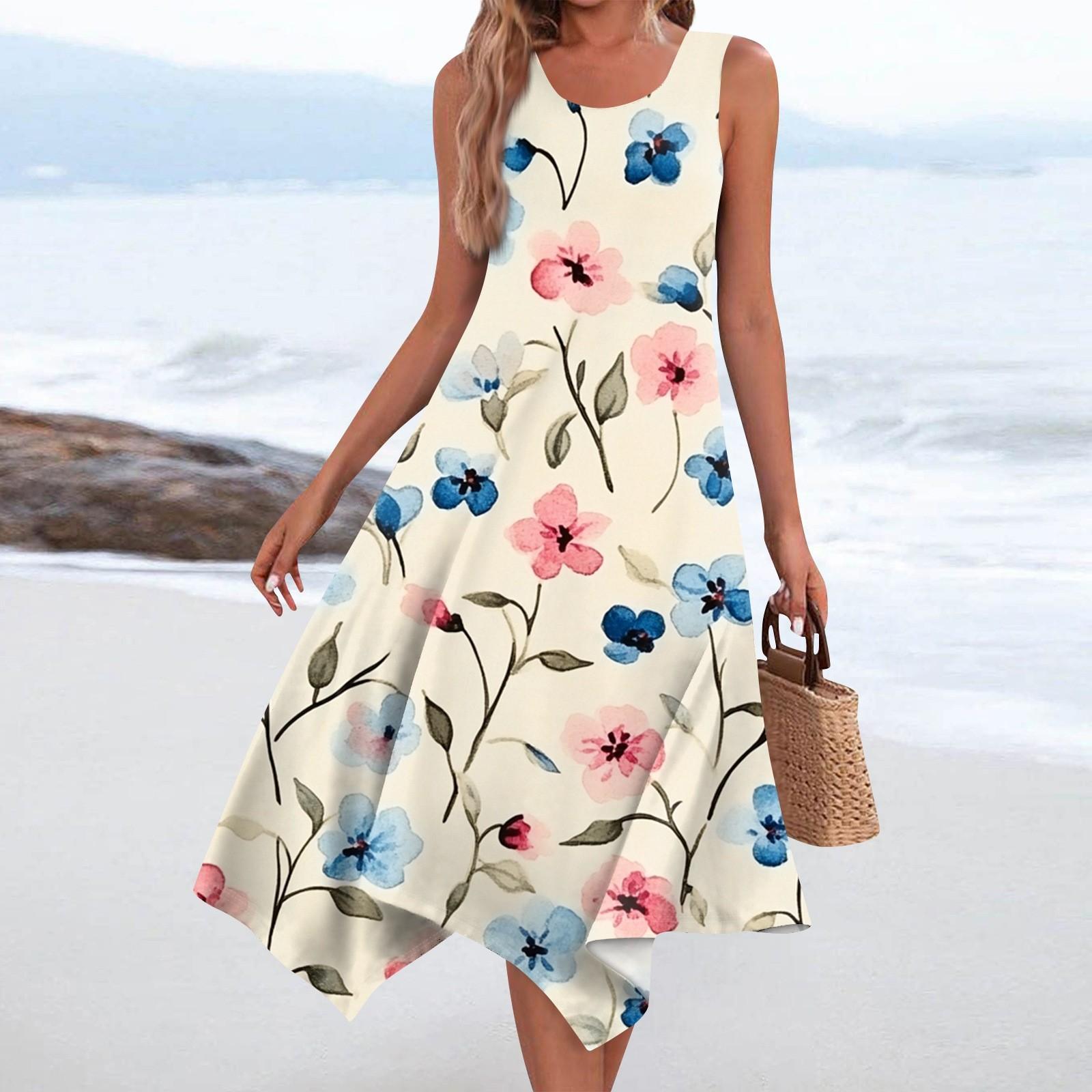 

Женское повседневное модное платье средней длины с круглым вырезом без рукавов с винтажным цветочным принтом и неровным подолом XL