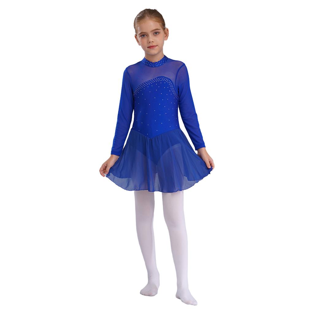 Girls Sparkling Mesh Dance Dress Long Sleeve Keyhole Back Leotard for Ice Skating Ballet Costume