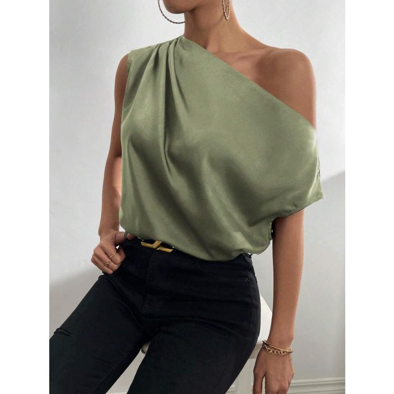 VEZFAA Women's Fashion Casual Summer Spring Solid Color Print Sleeveless Oblique Collar Blouses & Shirts