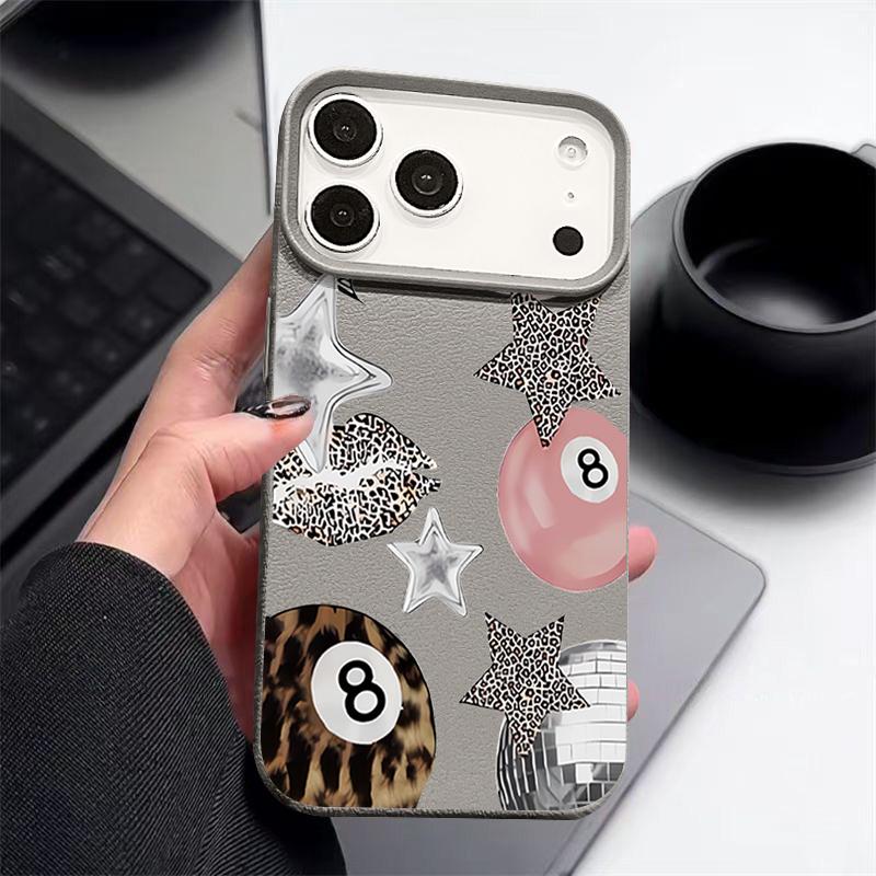 Vintage Leopard Print Stars Billiards Case For iPhone 17 Pro Max iPhone 16 Pro Max 15 14 13 12 11 16E Air Luxury Leather Texture Silicone Cover