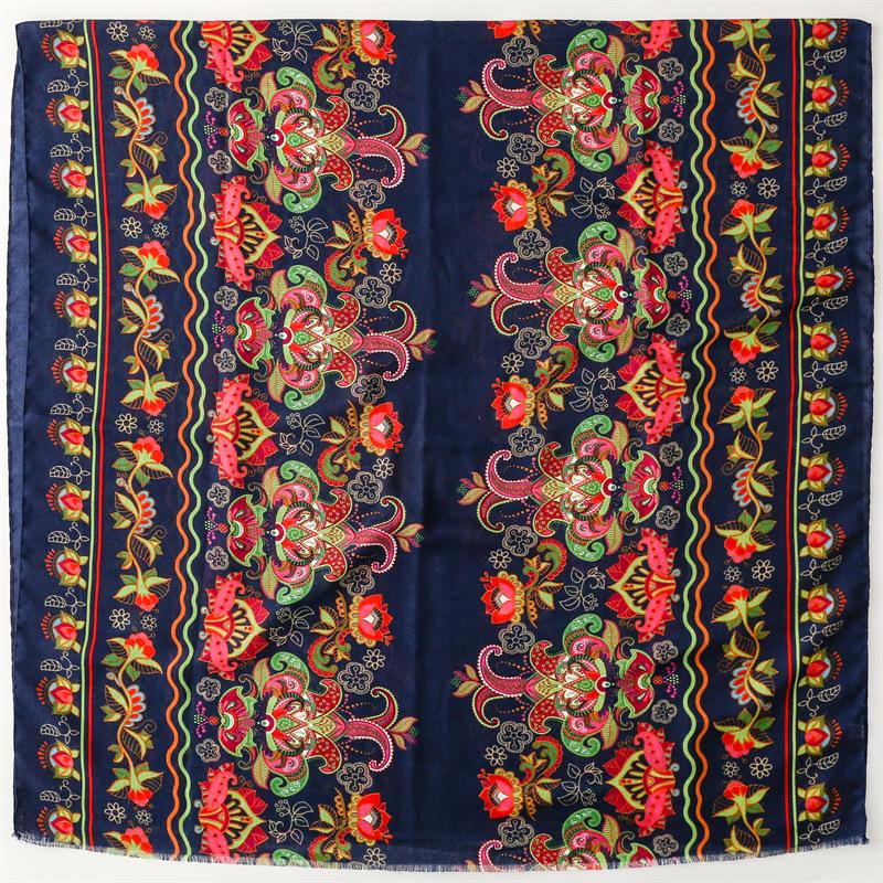 Schal Retro Ethno Stil Schal Fischgrätmuster Marineblau Blume Seidenschal Dickes Tuch Damen