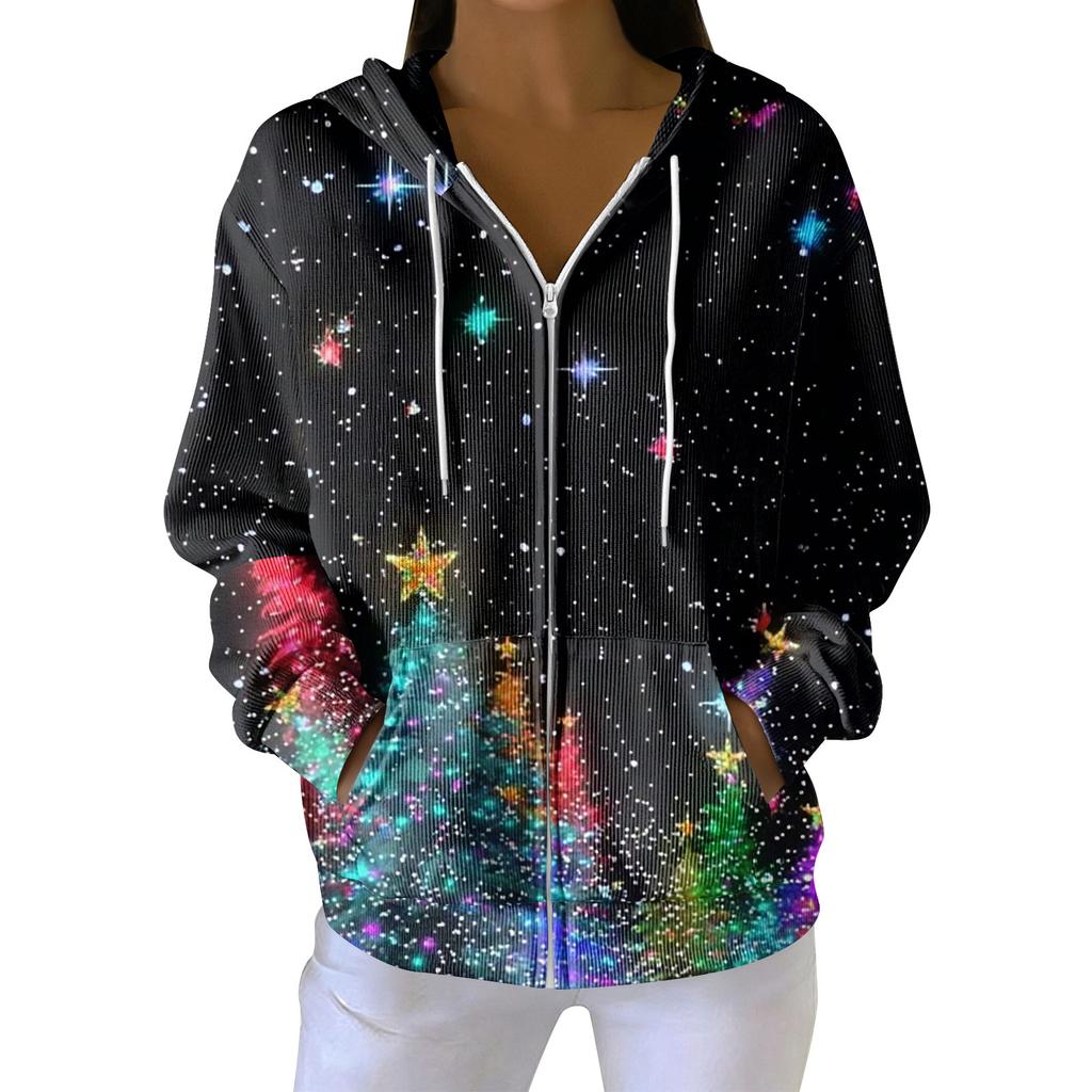 Women's Casual Fashion Long-Sleeved Zip-Up Christmas Print Knitted Hoodie