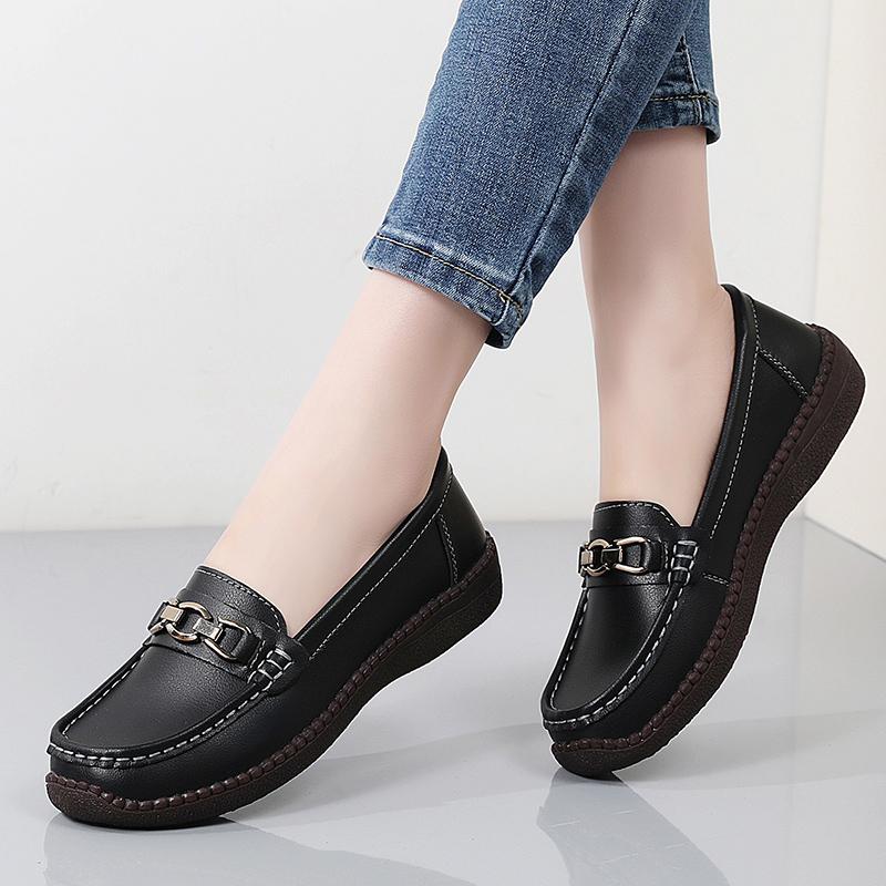 Women Simple Red Loafers Leather Driving Moccasins Comfort Flats Black Casual Slip on Plus Size Black Shoes