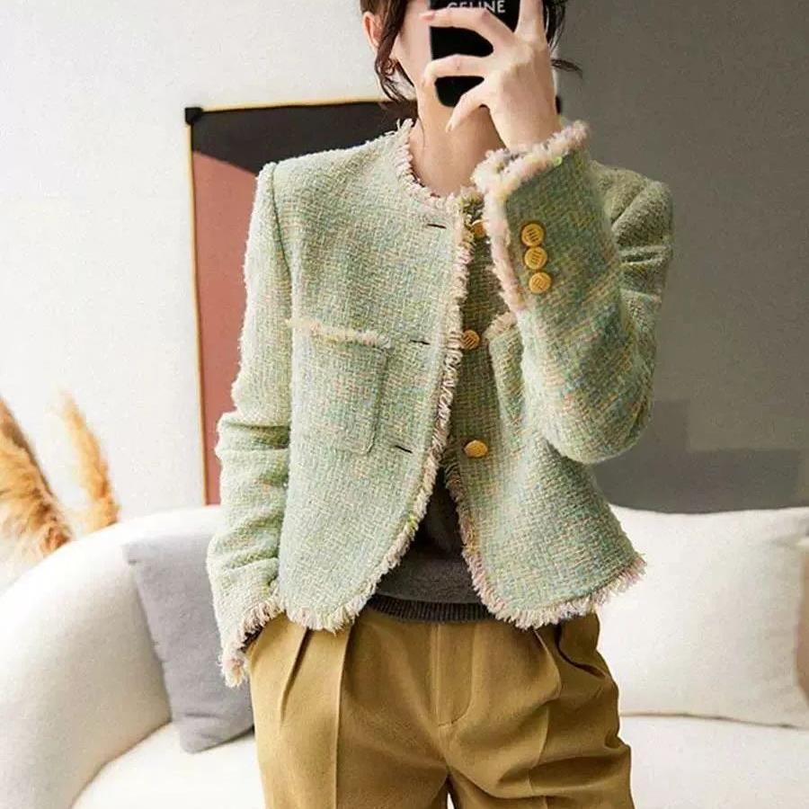 New High-end Small Green Short Tops for Autumn and Winter, Women's French-style Small Fragrance Jacket