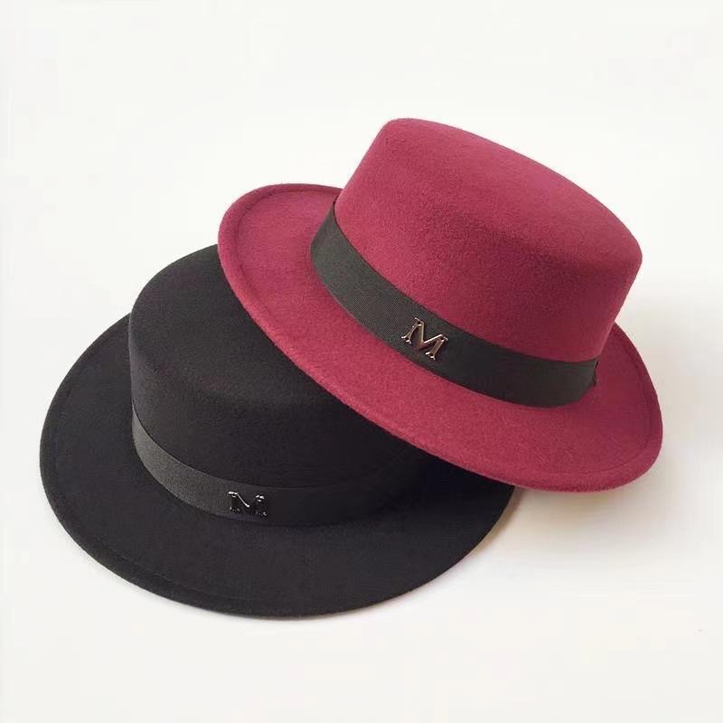 M Letter Fashion Flat Top Men's and Women's Leisure Travel Hat Tide Autumn and Winter Dome Retro British Woolen Top Hat