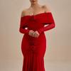 Autumn New European and American Women's Clothing Fashion Temperament Solid Color Pleated Slim-fitting Long-sleeved One-word Shoulder Dress