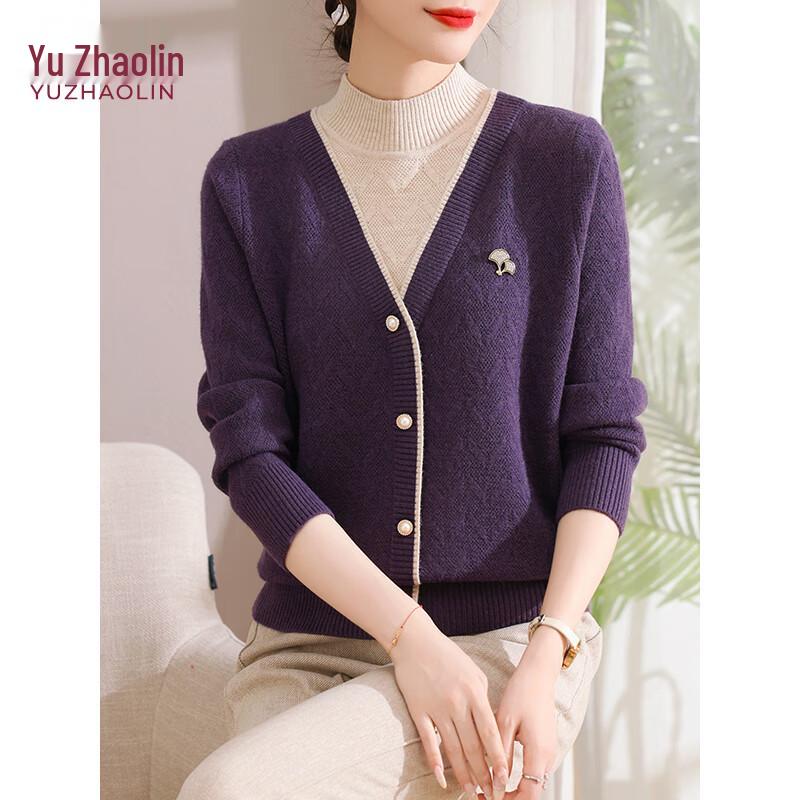 YUZHAOLIN Faux Two-Piece Fleece-Lined Knitted Cardigan for Women