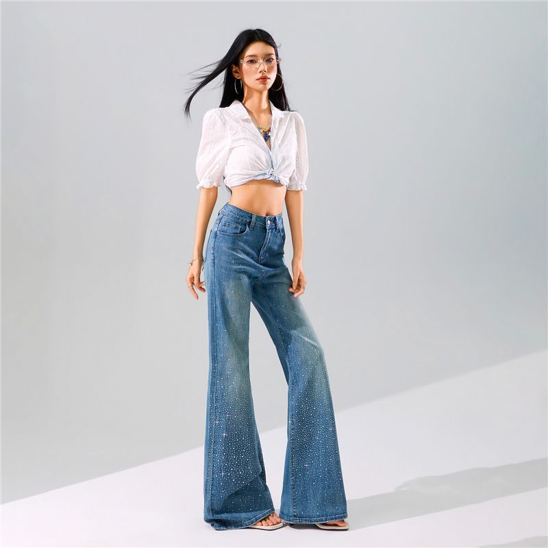 Spring Summer Trendy Bling Full Star Rhinestone Soft Comfort Relax Micro Flare Wide Leg Denim Pants For Women Casual Pants Oversize Denim Trousers