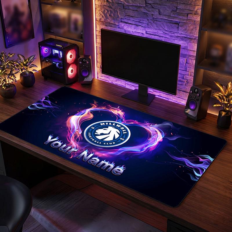 Millwall FC Custom Large Mouse Pad, Personalized Name Text Print, Football Logo Non‑Slip Desk Mat Gaming Gift