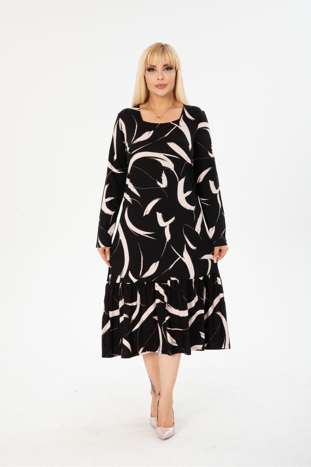 

Женское платье больших размеров, большие размеры со змеиным узором, длиной до колена, с квадратным воротником и длинными рукавами, вискозное чесаное платье, стильный дизайн, удобное платье