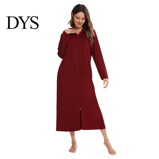 Sleep Dress Women Zip-up Nightgown Long Sleeve Loose Pure Color with Pockets Two Pocket Mid-calf Length Hooded Loungewear Daily Wear Home Bedroom Use