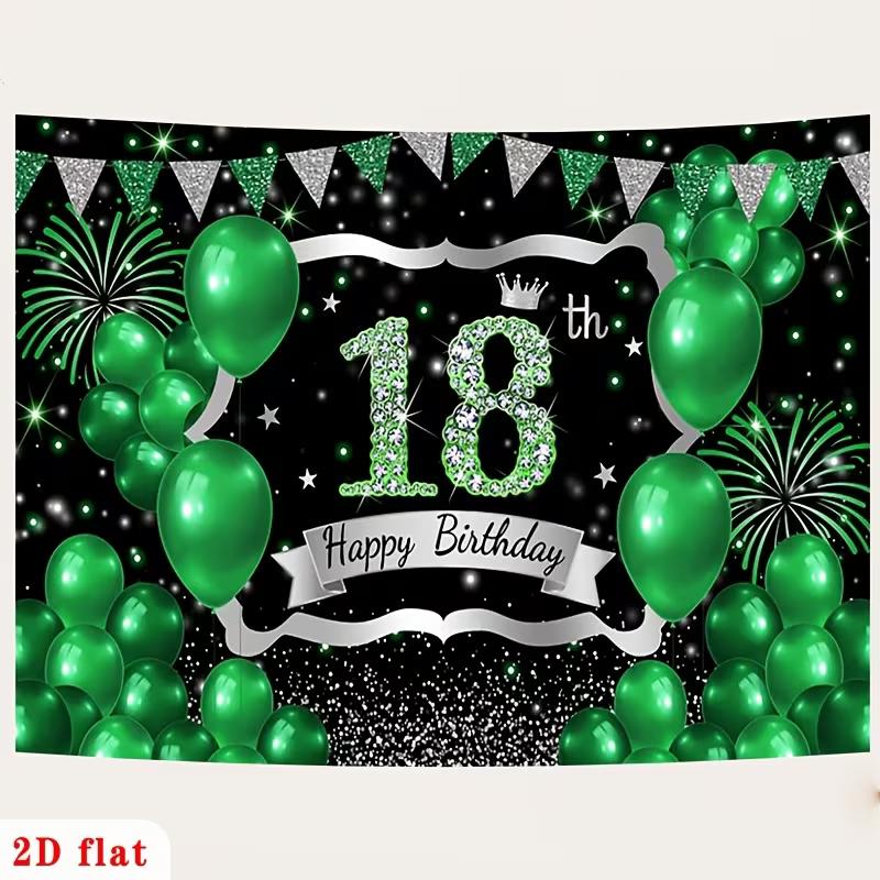 2D Green Silver 18th Happy Birthday Backdrop with Balloons & Fireworks
