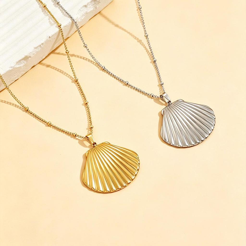 Stainless Steel Ocean Shell Pendant Necklace for Women, 18K Gold Clavicle Chain