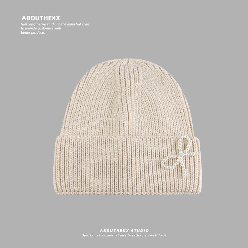 Pearl Bow Autumn and Winter Warm Woolen Hat for Women Korean Knitted Hat Showing Face Small Versatile Couple Pullover Cold Hat