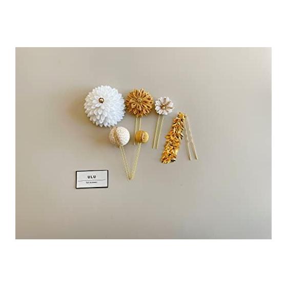 Dahlia Tsumami Zaiku Hair Ornaments, White, Gold, Ball Kanzashi, Tassel, for Coming-of-Age Ceremony, Graduation, Wedding, Shichi-Go-San, Hakama,