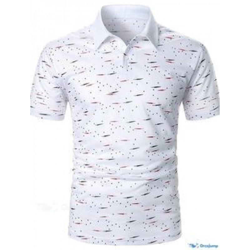 Mens Short Sleeve Polo Shirt Slim Fit Casual Tee Breathable Cotton Print Design