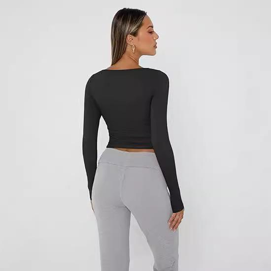 European & American Women's Slim-fit Milk Silk Long-sleeve Navel-baring T-shirt - Autumn Fashion Pullover.