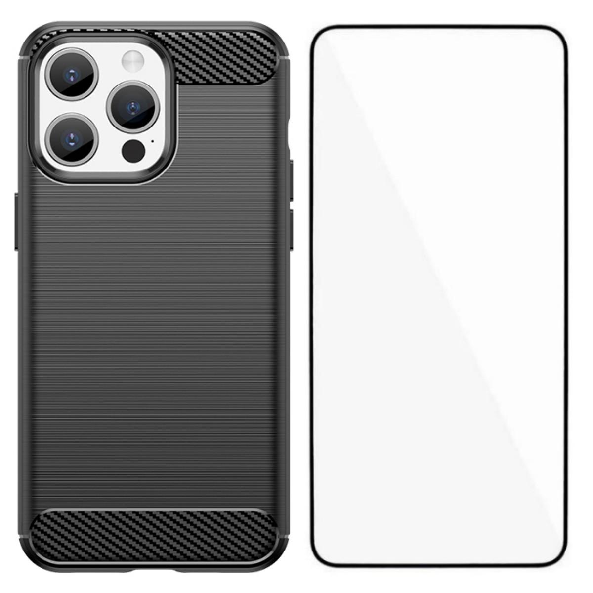 

For iPhone 15 Pro Max Case with Screen Film WANLONFENG LS Series Big Lens Hole Brushed Texture TPU Phone Cover Black