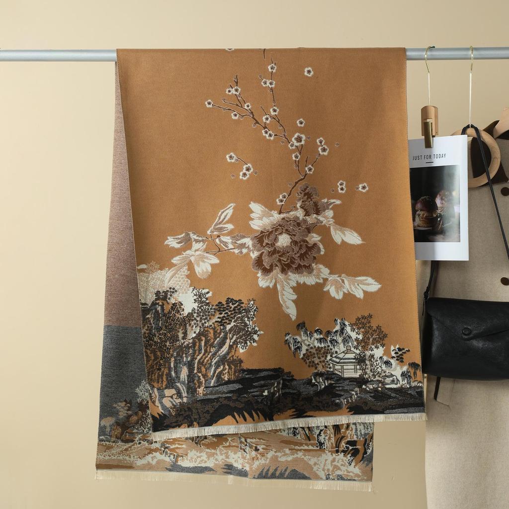 Double-Sided Women's Winter Ink Painting Snood: Imitation Cashmere Scarf for Air-Conditioned Rooms.