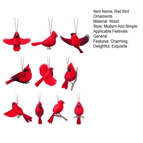 10 Pcs Red Bird Ornaments Wood Red Birds Christmas Tree Hanging Decoration for Winter Holiday Home Decor