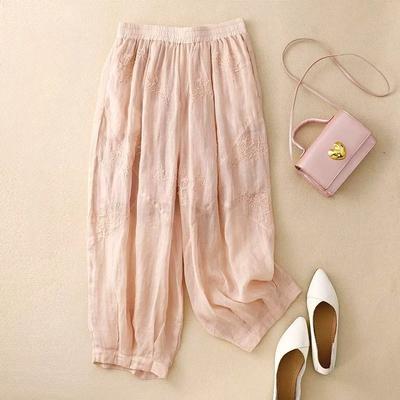 Women's Artsy Summer Retro Embroidered Lightweight Breathable Elastic Waist Harem Pants Trendy Lantern Pants Petite and Plus Size