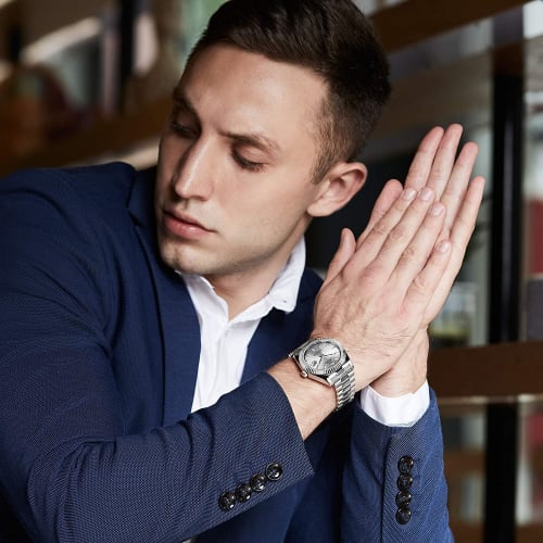 BUREI Men's Analog Watch, Popular Brand, Waterproof Quartz Movement, Business Watch, Fashionable, Simple, Silver-White Luminous Watch, Birthday Gift