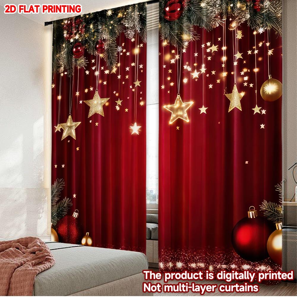 

2D flat printing 2pcs Window Treatment Curtains Christmas Red Christmas Digital Printed Polyester Drapes Family Party for Po 100*130 Rod Pocket 1pcs