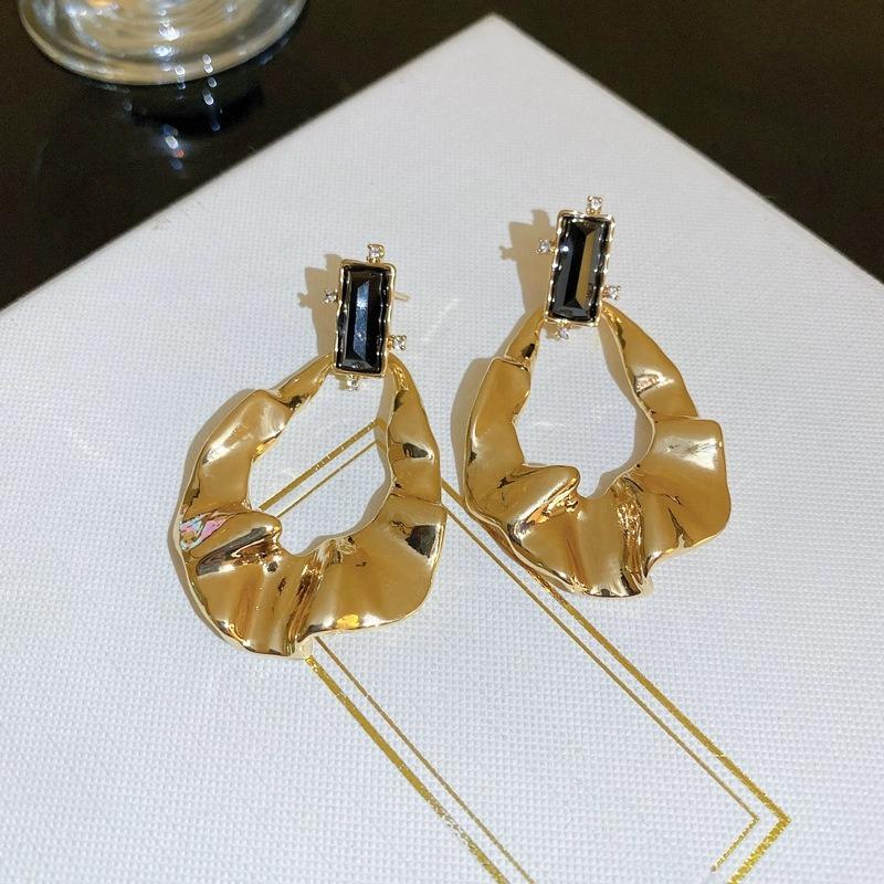 Exaggerated Irregular Gold Color Stainless Steel Fold Drop Dangle Earrings for Women Temperament Inlay Crystal Stud Jewelry Gift