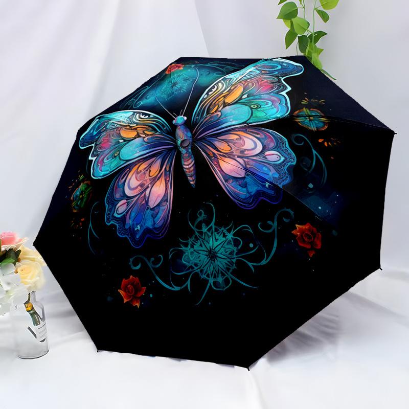 1pc Y26 Butterfly Floral Umbrella - Compact Lightweight Retractable 8-Rib Design with Automatic Open, Durable Plastic & Iron F