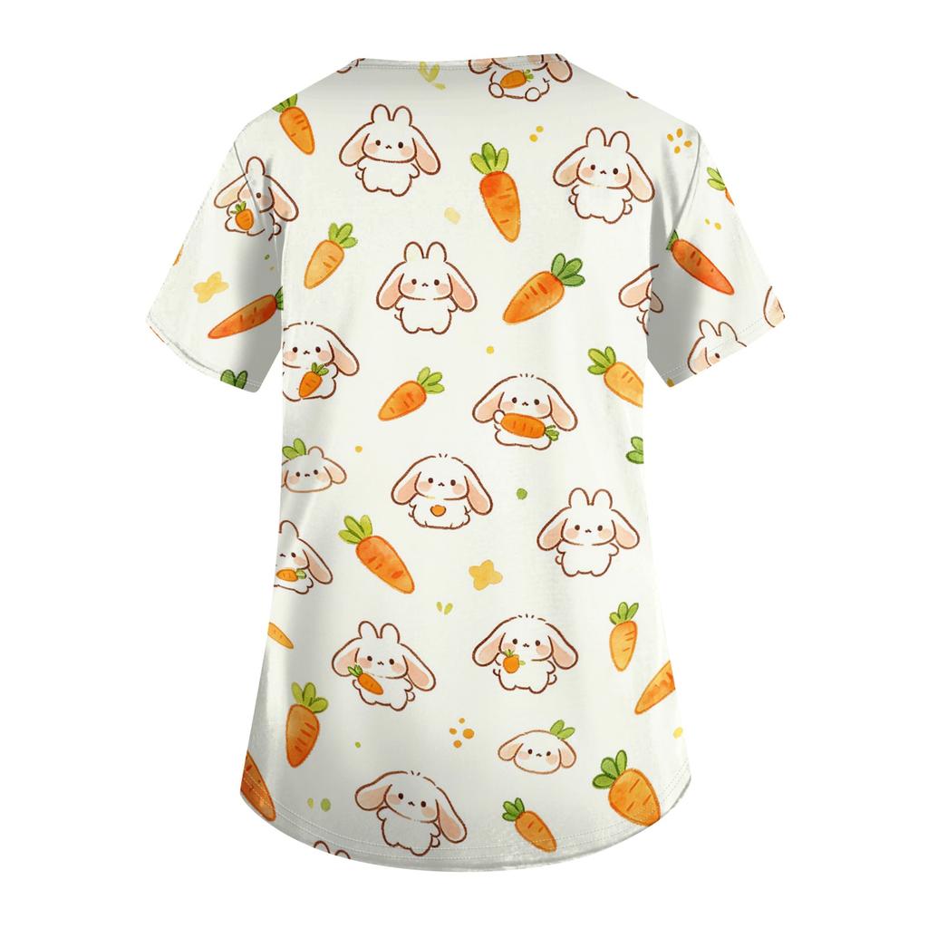 Damen V-Ausschnitt Kurzarm Arbeitshemd mit Taschen Tierprint Oberteil Medizinische Scrub Uniform für Gesundheitsberufe Bequeme Passform