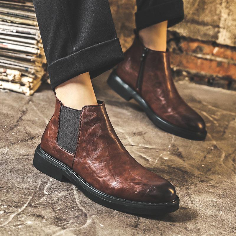 Chelsea Boots Herren Britischer Stil Low-Top Martin Stiefel Lederschuhe Herren Business Casual Spitz Kurze Stiefel 85711-J