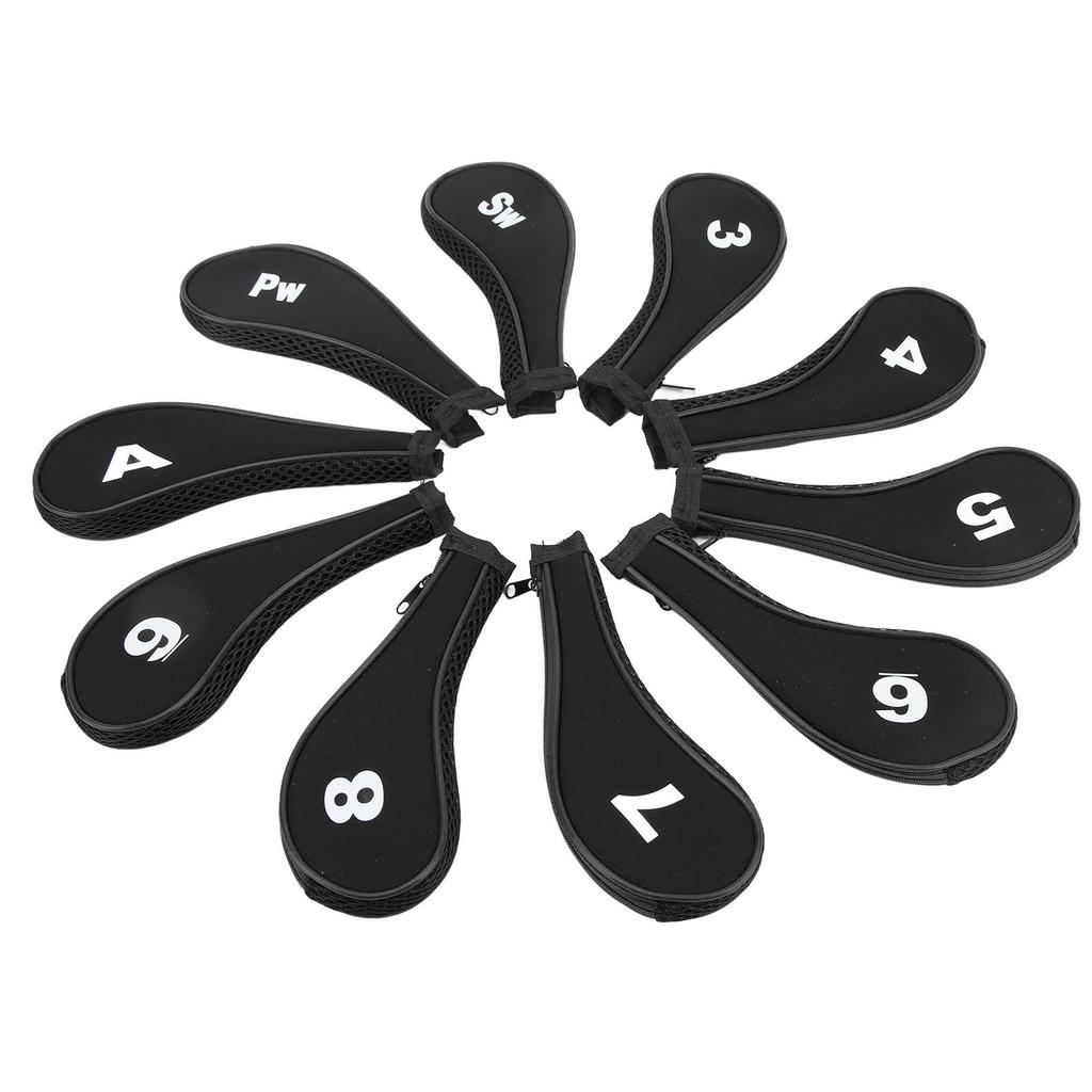 10 PCS Golf Club Head Covers Golf Iron Pole Zipper Hat Cover Club Protective Covers Black