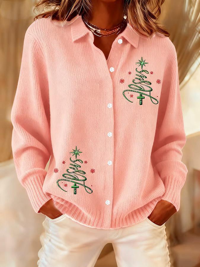2025 Women's 3D Print Knit Lapel Cardigan - European & American Christmas Top for Autumn/Winter