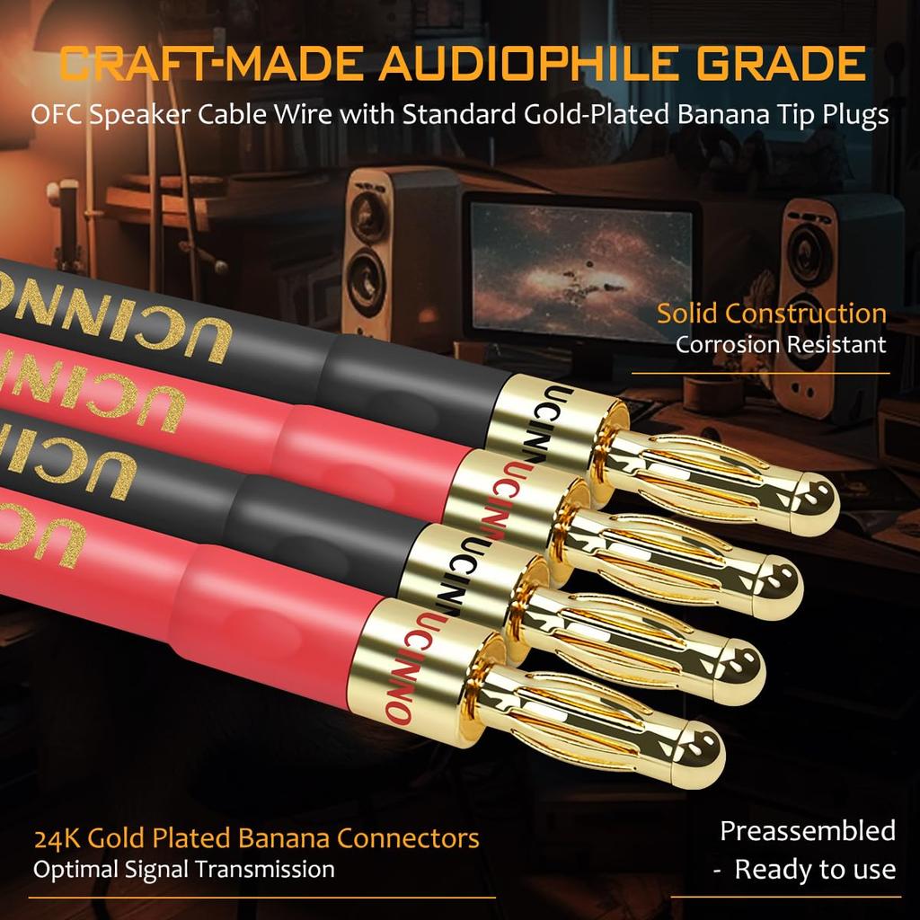 UCINNOVATE Speaker Cable with Banana Plugs 2-Pack 9.8ft/3m 14 Gauge OFC Speaker Wire Gold-Plated Banana Plugs for Home Theater Hi-Fi Audio Amp
