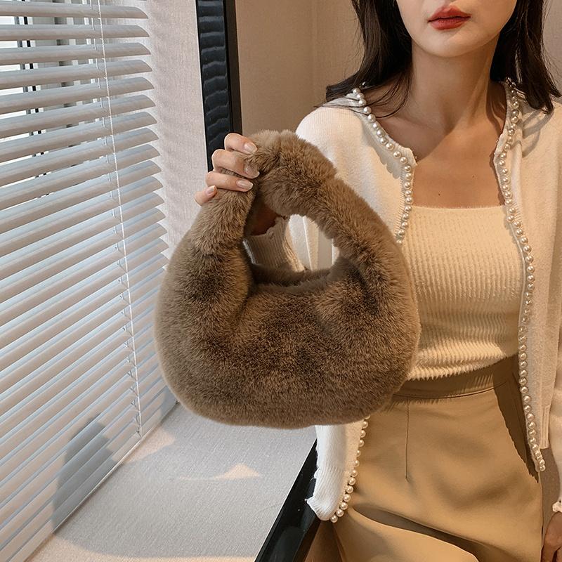 Yogodlns Fur Women's Small Half Moon Bag Luxury Warm Plush Wrist Bags for Women Fashion Furry Short Handle Clutch Cute Ladies Coin Purses