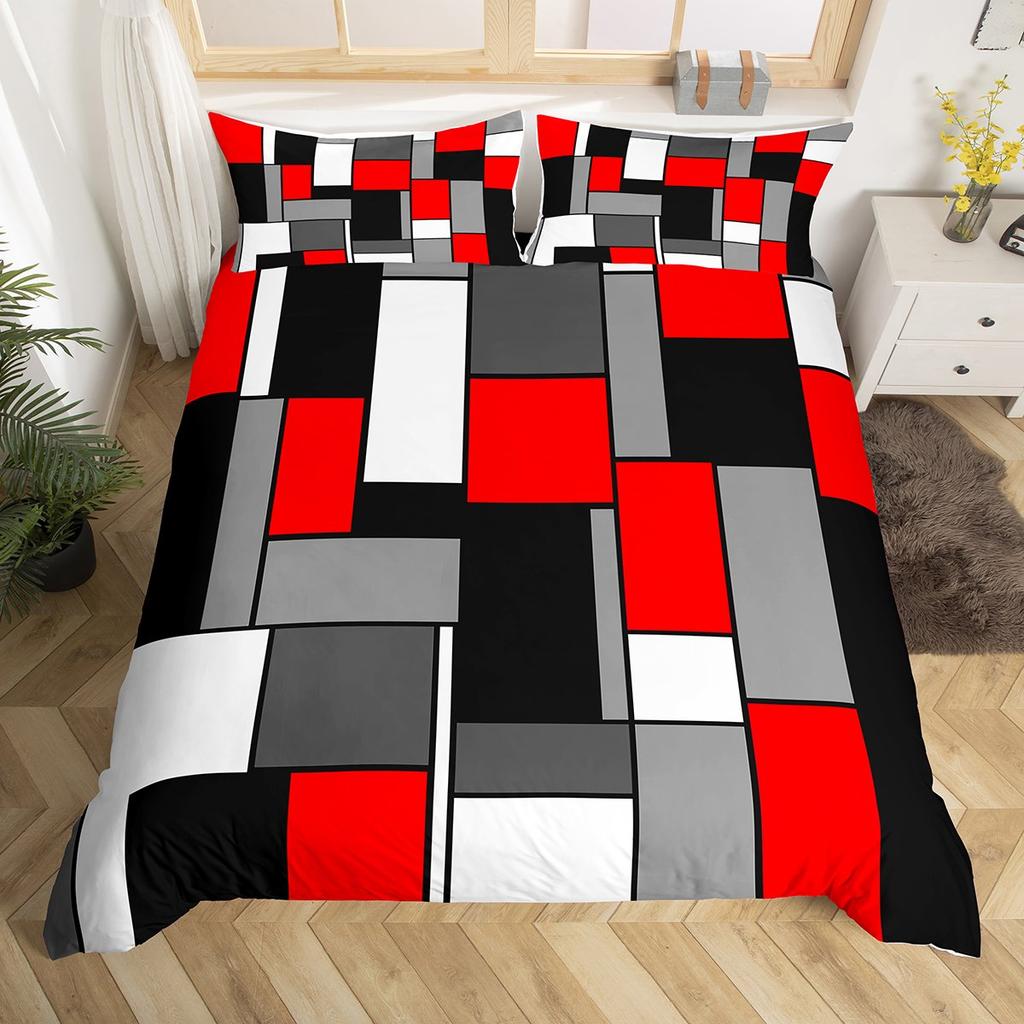 Homewish Cyan Square Geometry Duvet Cover Set,Vintage Artwork Abstract Bedding Set,Chic Rectangle Bed Set