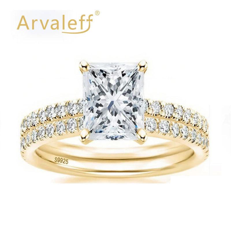Arvaleff S925 Sterling Silver Women's Ring Set with 2 Carat 6x8 Rectangular Zirconia - European & American Hot-Selling.
