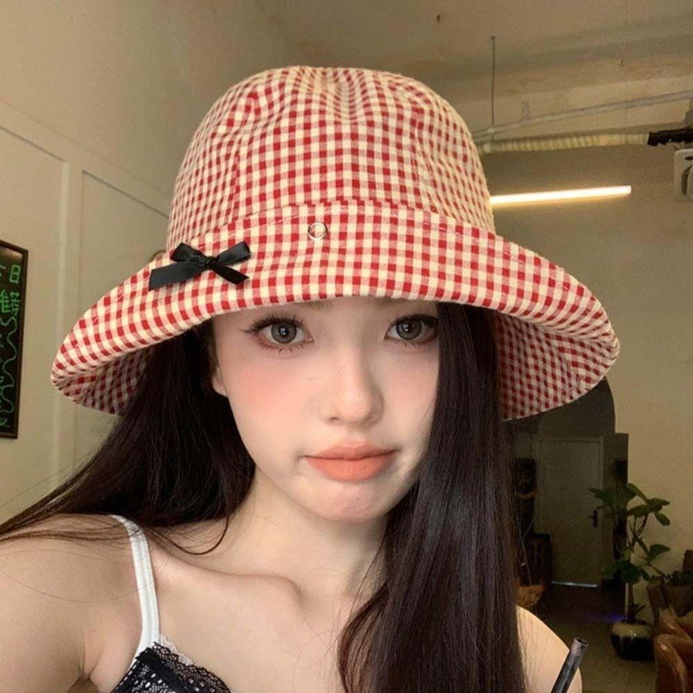 Gingham Check Plaid Bucket Hat Casual Fisherman Hat Stylish Wide Brim Sun Hat Beach