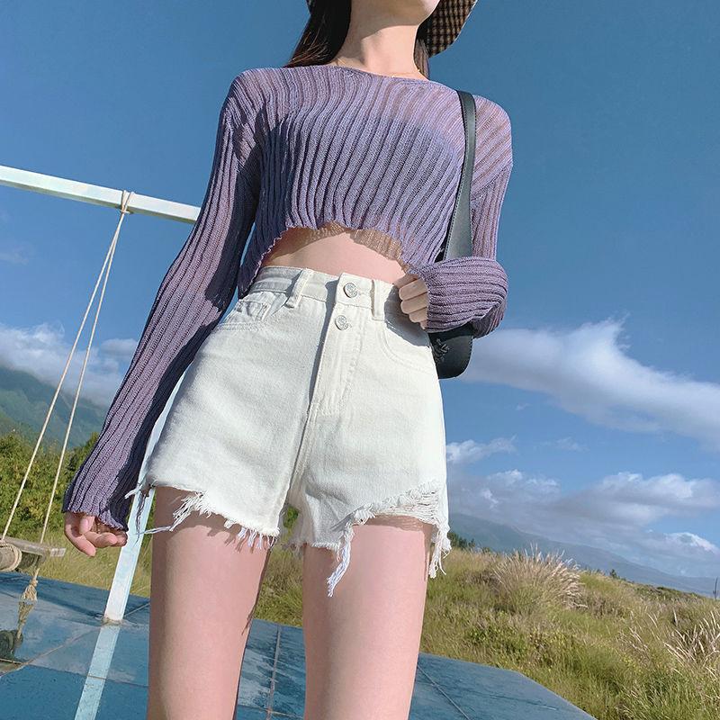 Broken Hole Denim Small Shorts Women'S High Waist Loose Thin Shorts A-Line Wide Leg Pants New Hot Pants