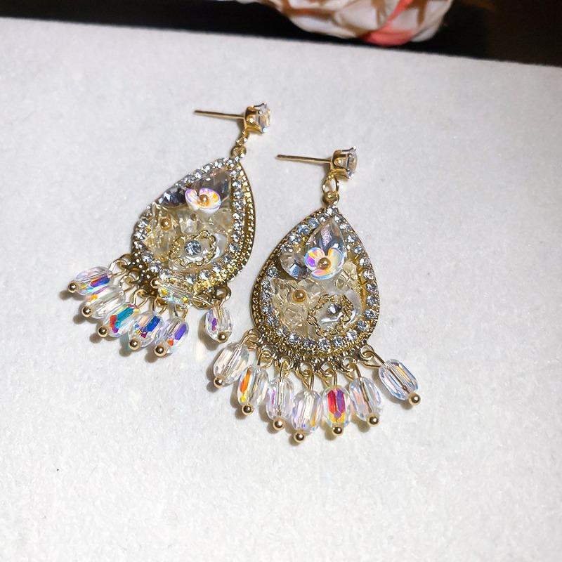 Silver Needle Diamond Crystal Water Drop Flower Pendant Earrings Bohemian Ethnic Style Earrings Light Luxury Premium Earrings