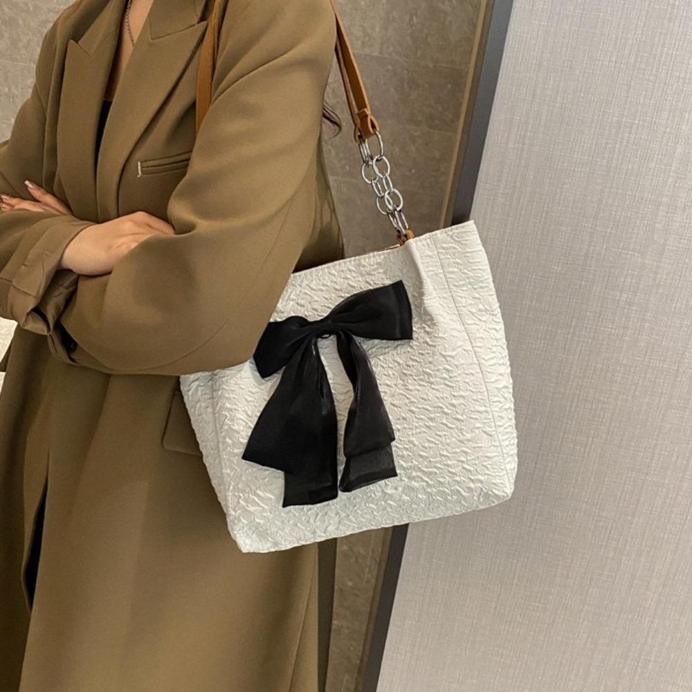 Korean Style Bowknot Tote Bag Nylon Bucket Shopping Bag Portable Single Shoulder Bag Women