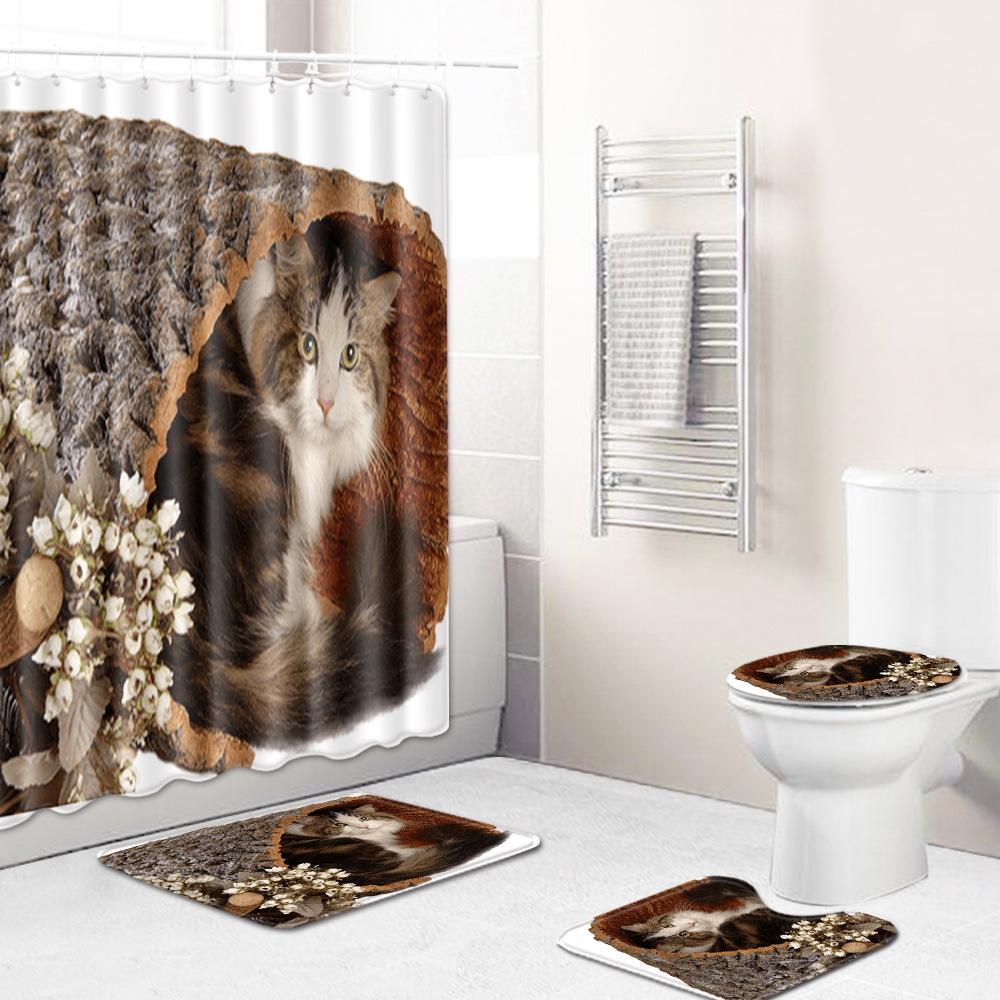 Healing Tree Hole Bathroom Shower Curtain Floor Mat Toilet Cover Foot Mat Four-Piece Set