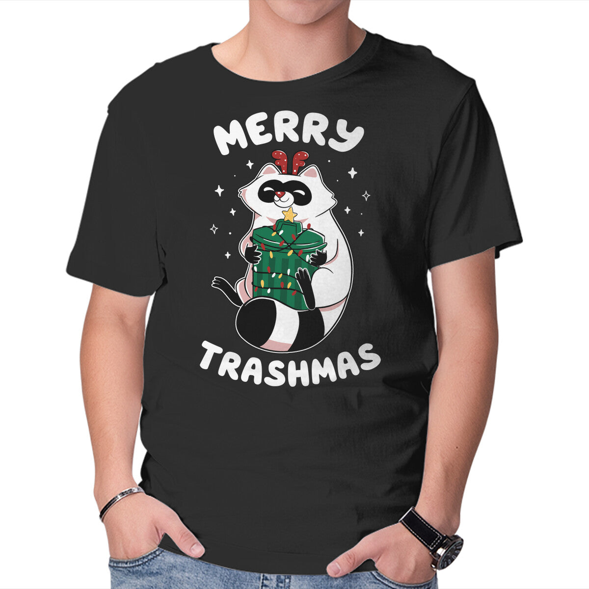 Unisex Crew Neck T-Shirt Merry Trashmas Xmas Raccoon Graphic Short Sleeve Casual Tee XXXL