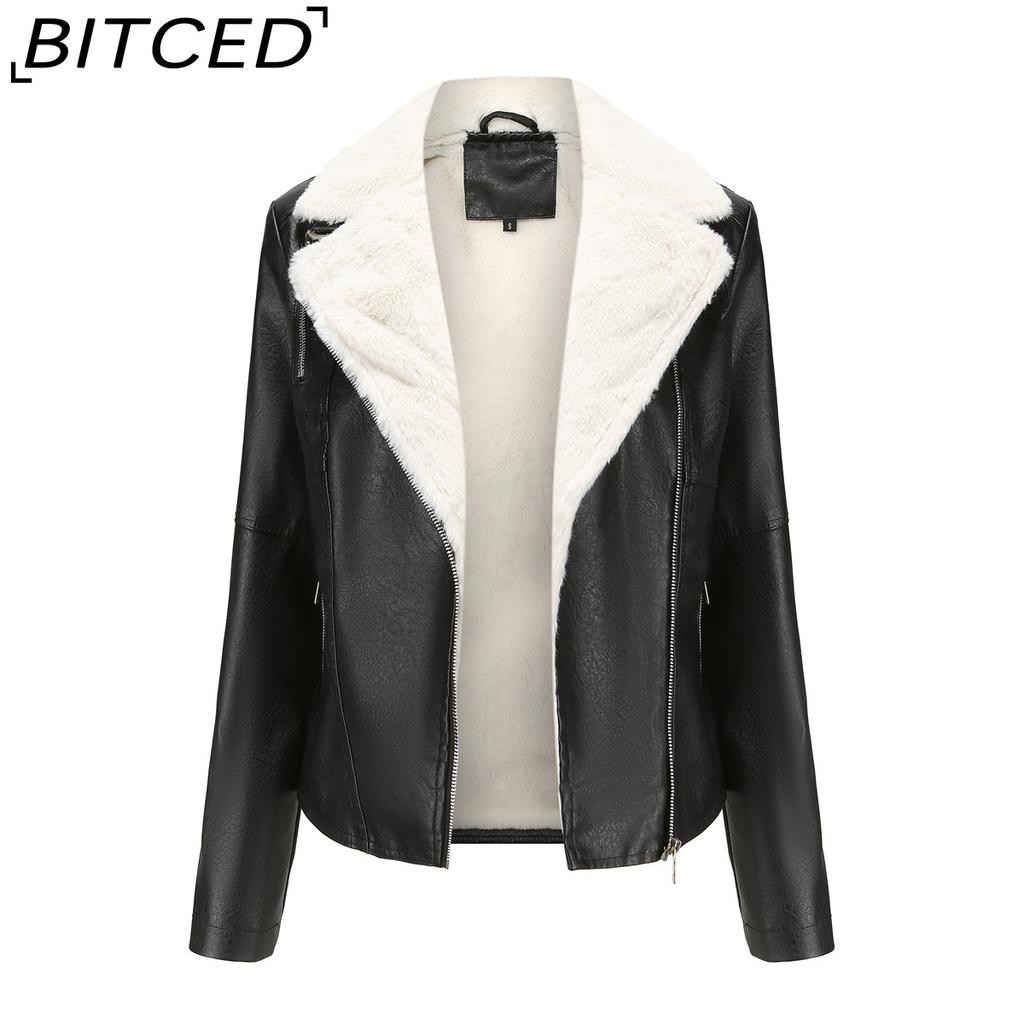 BITCED Autumn/Winter Faux Fur-Lined Leather Jacket for Women with Fleece Lining, Long Sleeves, Warm Coat, Casual Style