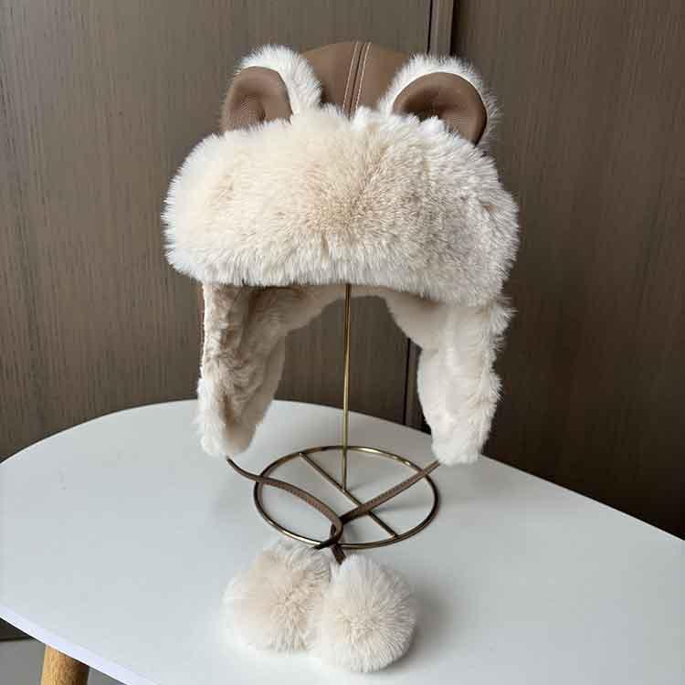 Cute Brown Leather Bear Ears Lei Feng Hat Women's Winter Warm Ear Protection Flying Hat Versatile Velvet Ski Hat