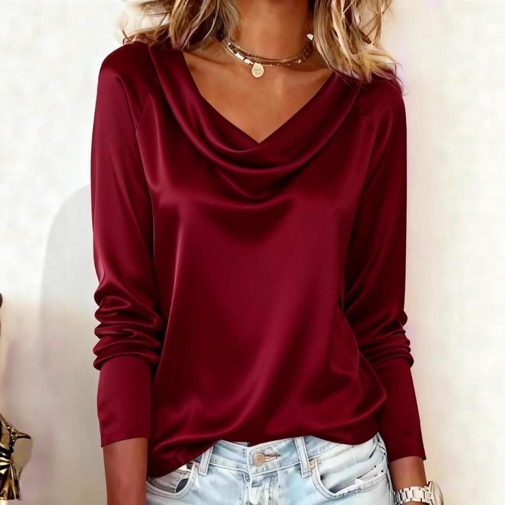 New Arrival: Versatile Spring/Autumn Commuter-Style Loose-Neck, Flowing-Fit Long-Sleeved Base Layer Shirt for Women