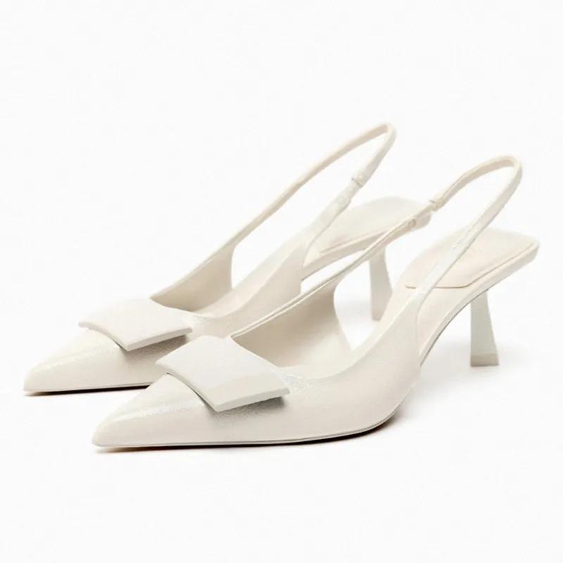 Fashion Luxury Designer Slingback Mules Heels Women Sexy Pointed Toe Patent Leather Thin Heeled Sandals Comfortable Elegant Office Shoes